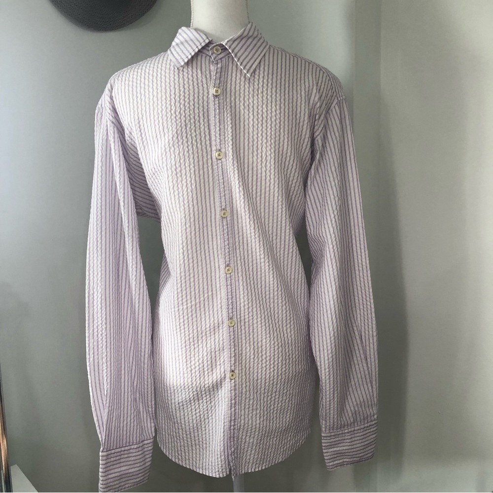 Men’s Button Down Striped Lilac and White Shirt Size Large